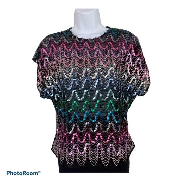 Vintage 70s sequin top disco rainbow pride lurex L - Picture 1 of 5